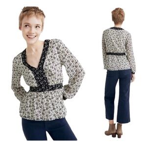 Madewell Peasant Blouse with Contrasting Trim - Black & Cream